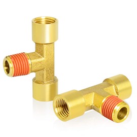 Gasher 2PCS Metals Brass Pipe Fitting Barstock Male Branch Tee T Adapter 1/4" NPT Female x 1/4" NPT Female x 1/4" NPT Male