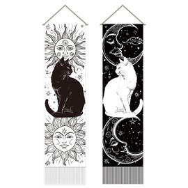 AHANDMAKER Pack of 2 Black and White Cat Tapestry, Sun and Moon, Vintage Tapestry with Black and White Tassels, Wall Hanging for Bedroom, Living Room, Home, 13 x 51 Inches