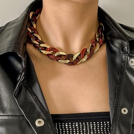 Wiwpar Acrylic Cuban Link Chain Choker Necklace Punk Hip Hop Chunky Chain Necklace Vintage Collar Necklace Colorful for Women (Red)