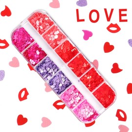 Valentine's Nail Art Glitter Lips Nail Art Supplies 3D Holographic Sparky Heart Nail Sequins Mixed Color Glitters Flakes Acrylic Love Kiss Letter Nail Design Decoration DIY Valentine's Day Accessorie