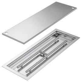 Skyflame Rectangular Stainless Steel Drop-in Fire Pit Pan and Burner with Burner Cover, 24 by 8 Inch Burning Area