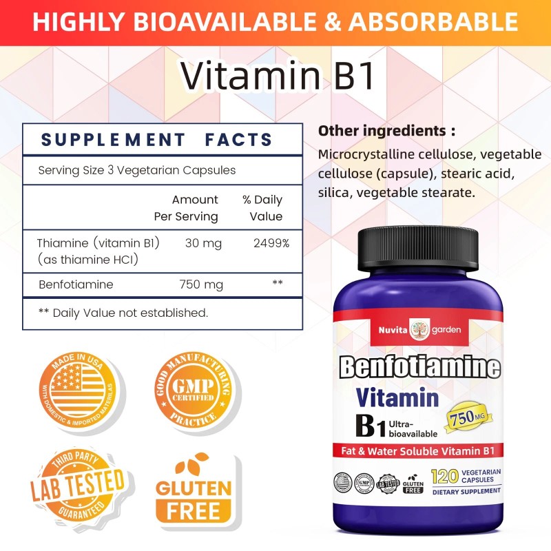 NuvitaGarden Benfotiamine 750mg Per Serving, 240 Vegetarian Capsules, 3rd Party