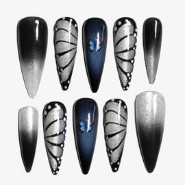 Sun&Beam Nails Handmade Press-on Long Pointed Nails Silver Black Butterfly Gray False Nail Tips Design Fashionable 10 Pcs Set (#160 XS)