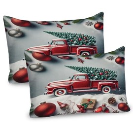 Ambesonne Christmas Pillow Sham Set of 2, Vintage Red Truck with a Pine Tree and Holiday Season Ornaments Snowy Winter, Quality Microfiber Bedding Item for All Seasons, 30" x 20", Grey Teal Ruby