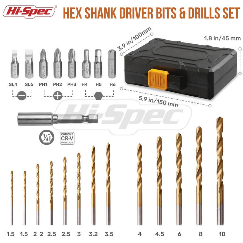 Hi-Spec 24pc HSS Metal Drill Bits & 1/4" Hex Shank
