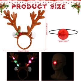 Beipegin LED Reindeer Headbands and Light up Rudolph Nose,Christmas Headwear Reindeer Ears Headband Antlers Headband Christmas Fancy Dress Accessories for Adult Kids
