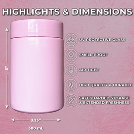 Stash Jar Smell Proof Container (500mL) for Herbs, Spices, Coffee, Teas & More, Double Sealed Air Tight Jar, Thick UV Protection Glass, Smell Proof Herb Storage, x2 Resealable Smell Proof Bags (Pink)