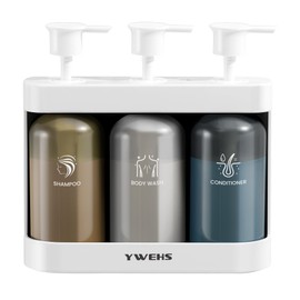 YWEHS Shampoo Dispenser for Shower Wall Mounted, Shower Soap Dispenser 3 Chamber No Drill, 12.85 fl.oz*3 Shampoo Conditioner Body Wash Dispenser for Bathroom Hotel, White, 3 Refillable Bottles…