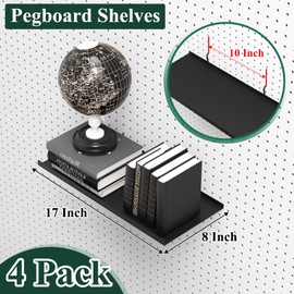 PEKGRIL 17X8 Inch Large Pegboard Shelves Set of 4, Metal Peg Board Shelves Accessories, Flat Display Shelves for Pegboard, Metal Retail Display for Storage and Organization, Black