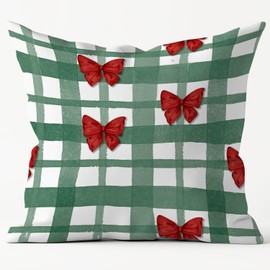 Poecinvi Green Checkered Christmas Pillow Covers 18x18, Preppy Christmas Decor Gifts, Retro Coquette Red Bow Decorative Throw Pillow Covers for Girls Bedroom Room Dorm Apartment