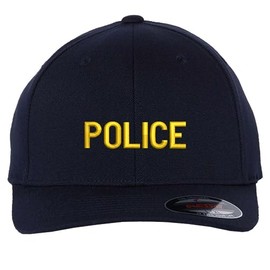 Police Fitted Baseball Hat Structured Uniform Guard Officer Pro-Formance Flexfit Cap (Navy with Gold Text, Size L/XL)