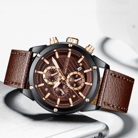 Mini Focus Men Watches Business Casual Wrist Watches (Multifunction/Waterproof/Luminous/Calendar) Genuine Leather Band Fashion Watch for Men (Brown)