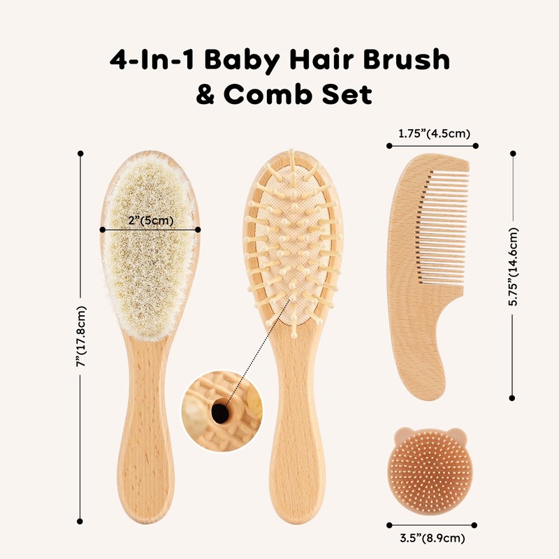 Yoofoss 4 Piece Baby Hair Brush and Comb Set, Wooden