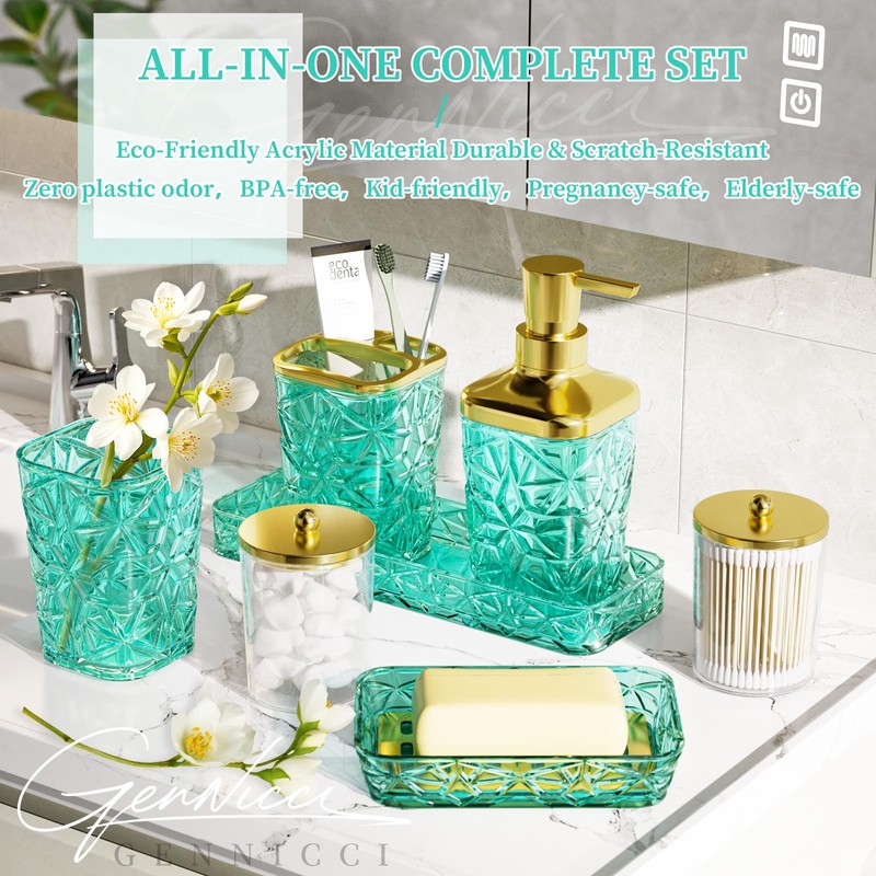 Bathroom Accessory Set, 9-Piece Teal Bathroom Set with Trash Can,