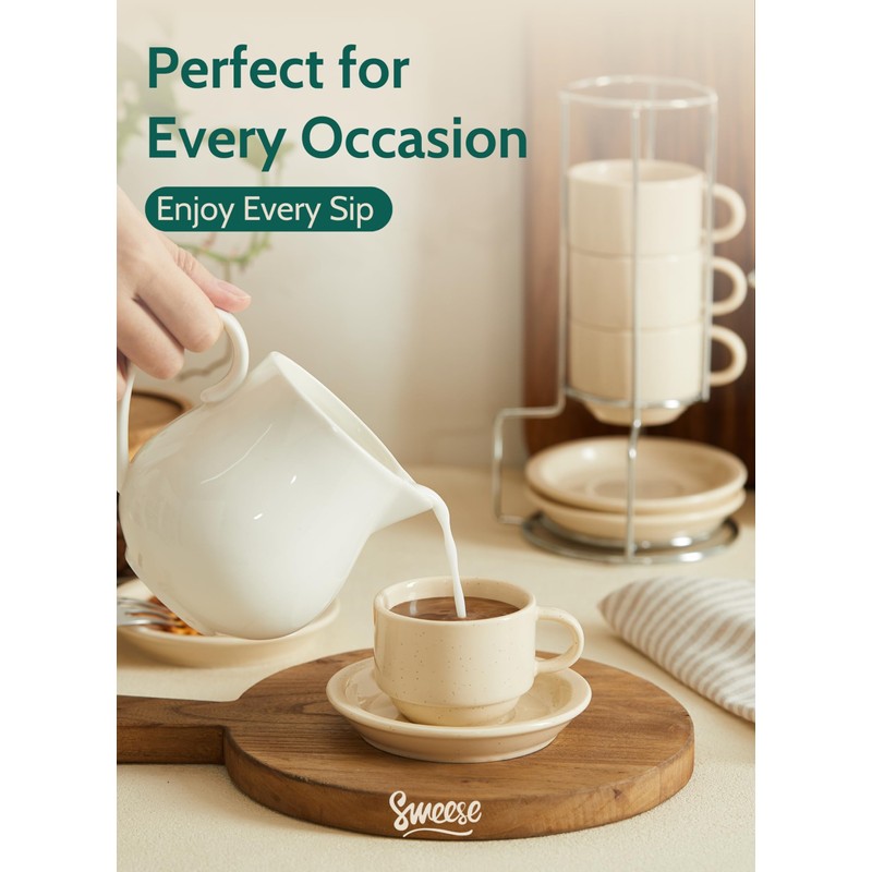 Sweese Porcelain Espresso Cups Set, 2.5 oz, Stackable with Saucers