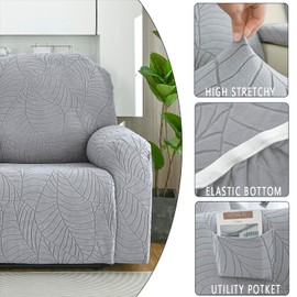 KELUINA 2024 New Jacquard Recliner Chair Covers, Stretch Polyester Spandex Recliner Cover, Reclining Sofa Cover with Elastic Side Pocket, Armchair Cover (Light Gray,1 Seater)