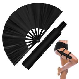 Anglechic Anglechic 2 Pcs Large Rave Fan Set with Folding Hand Fan Holster for Festival Party (Black)