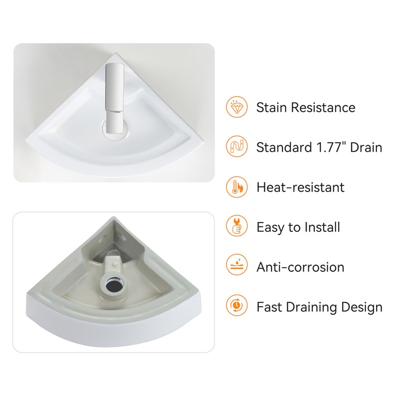 HOROW Corner Bathroom Sink, 18"x 13" White Porcelain Wall Mount
