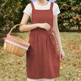 Pinknoke Pinknoke Cotton Linen Pinafore Apron Dress for Women with Pockets Cute Art Chef Aprons for Kitchen Baking Gardening Painting (Burnt orange)