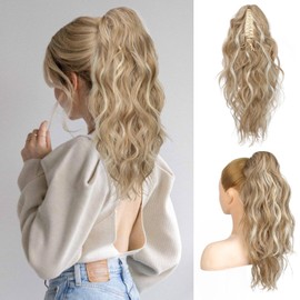 FLUFYMOOZ Ponytail Extension, Ponytail Extension, 46 cm Claw Clip, Ponytail Extension, Wavy Curly Claw Clip in Ponytail Hair Extensions (Honey Blonde with Highlights)