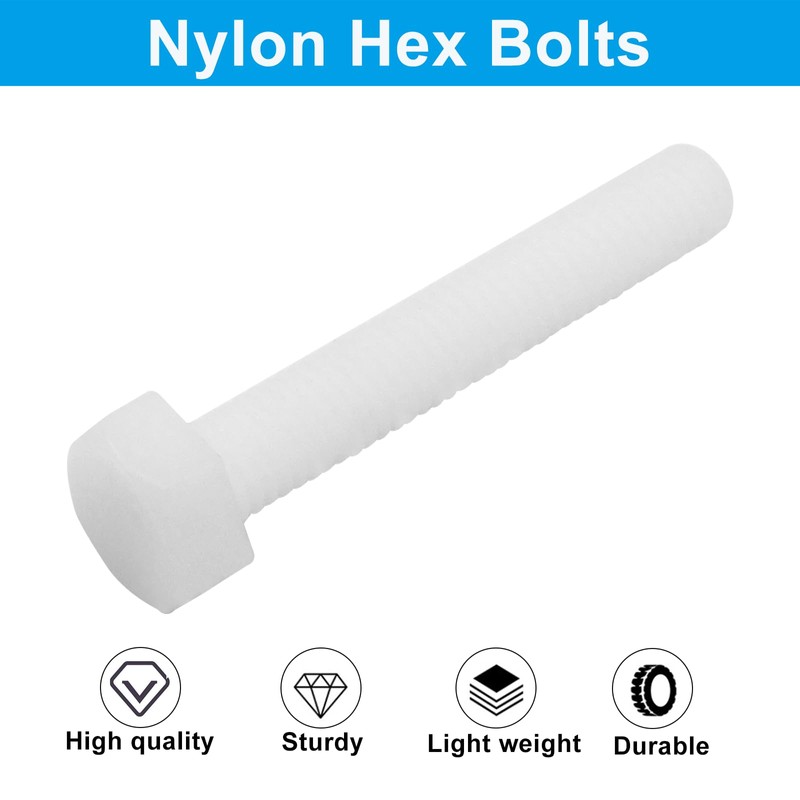 Piutouyar 20 Pair M8x50mm White Nylon Hex Bolts Plastic Hex