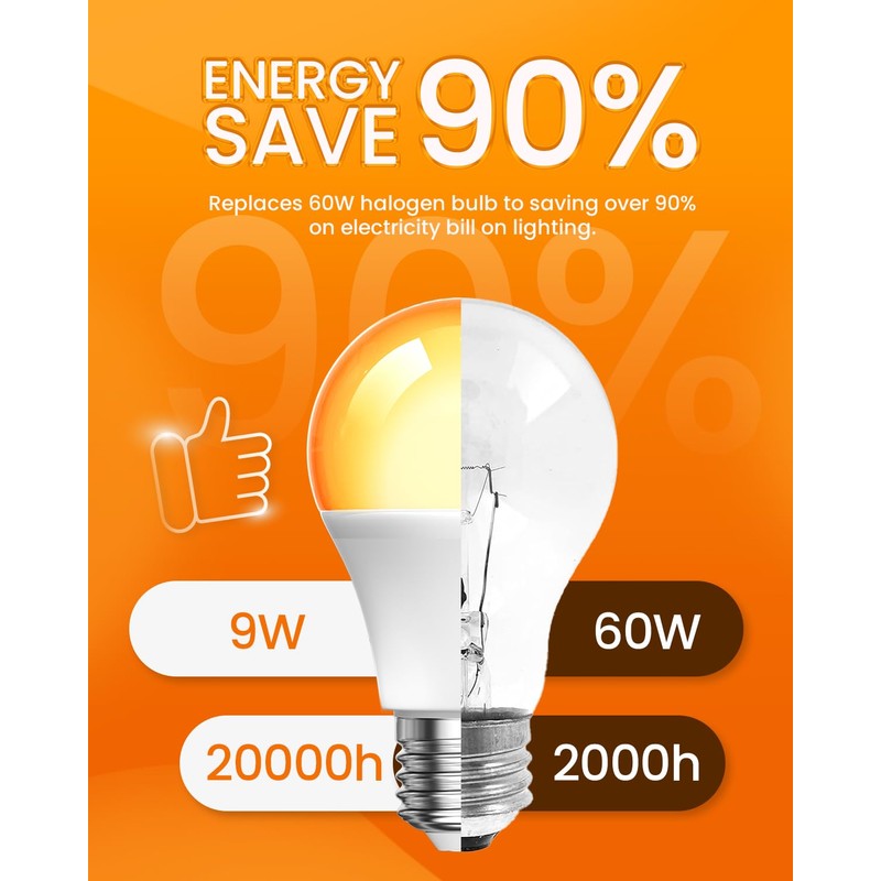Bonlux Amber Light Bulbs 2000K, A19 9W E26 LED Yellow