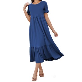 Women's 2025 Summer Short Sleeve Crew Neck Swing Dress Flowy Tiered Maxi Beach Sundress with Pockets Sea Blue