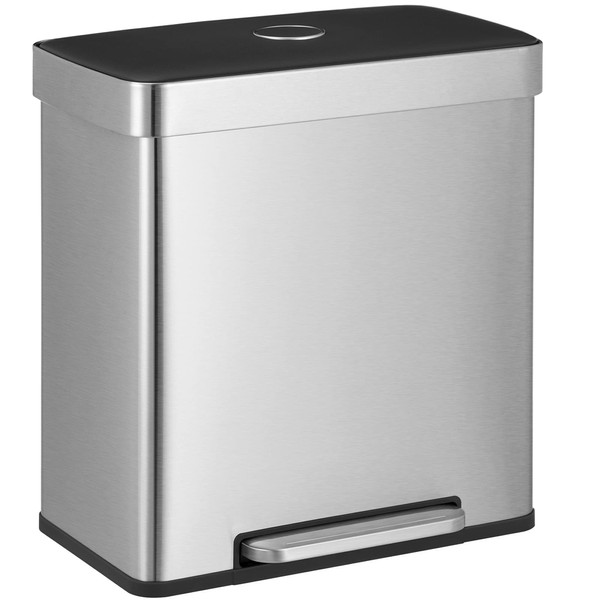 SONGMICS Kitchen Trash Can, 16 Gallons (2 x 8 Gallons) Dual Compartment Garbage Can, 60L Pedal Recycling Bin, Stay-Open Lid and Soft Closure, Stainless Steel, 15 Bags Included, Silver ULTB202E01