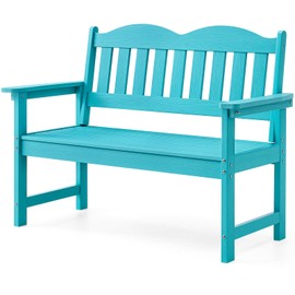 ONBRILL Outdoor Bench, 2-Person Poly Lumber Garden Bench with 800 lbs Weight Capacity, All-Weather Patio Bench with Armrests and Backrest for Garden, Porch, Backyard and Park, Blue