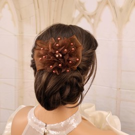Kenjudess Mesh Tulle Pearl Flower Bow Hair Clips with Beaded Crystal Chiffon Bow Hair Barrettes Hair Pins Feather Bridal Wedding Hair Accessories for Women (Brown+Bow Tie+Pearl)