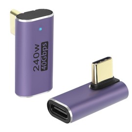 QIANRENON USB 4.0 C 90 Degree Angle Adapter 240 W 40 Gbps Type C 4.0 Male to Female Right Angle Connection, LED Display, Support 8K Audio/Video Transmission, 2 Pieces (Vertical Bend)