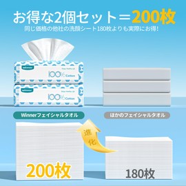Winner Face Towel, Cleansing Towel, OEKO-TEX Certified, Pack of 200, Natural Cotton, For Wiping, Face Paper, No Lint, Disposable, Hand Towels, Face Towels, Makeup Removal, Sensitive Skin, Wet & Dry