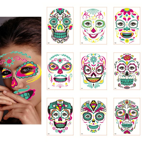NICENEEDED 9 Sheets Halloween Face Temporary Tattoos, Glow in Dark