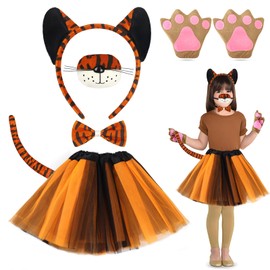 7 PCS Kids Tiger Costume Set Girls Tiger Costume Kit with Tiger Ear Headband Bow Tie Mask Glove Tail Tutu Skirt Tiger Fancy Dress for Kids Animal Cosplay Fancy Dress Up Theme Party World Book Day