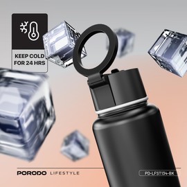 Porodo Lifestyle Magnetic Mount Water Bottle, Compatible with MagSafe, 1L Stainless Steel, Double Wall Insulation, Keeps Drinks 12H Hot & 24H Cold, Built-in Straw, Portable, Leak-Proof (Black)