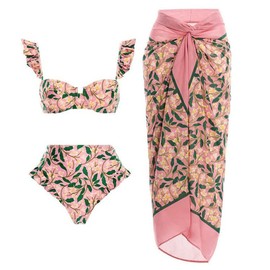 Three Pieces Swimsuits for Women with Matching Cover Up Skirt Floral Bikini Set Hight Cut Swimsuits Mesh Sheer Sarong Flattering Swimsuit Push Up Floral Laddies Bathing Suit Pink Floral (3PCS) S