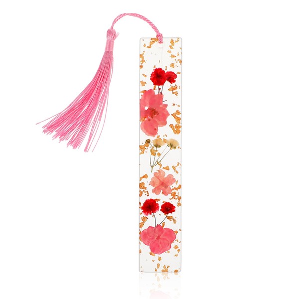 Dimeho Dried Flowers Book Markers Tassels Clear Flowers Bookmarks Durable Handmade Cute Resin Page Markers Pretty Book Marker Holder Gift for Women Bookworms (Pink)