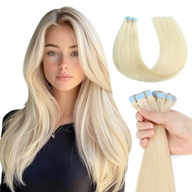 MISSME Tape-In Extensions, Real Hair, 40 cm, #60 Platinum Blonde, Real Hair, Pack of 20, Real Hair Bonding Extensions, 40 g, Tape-In Extensions, Real Hair