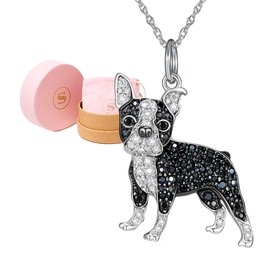 SCAMPER & CO Boston Terrier Pendant Necklace for Women and Girls - Genuine Gemstone and Cubic Zirconia Puppy Charm with Elegant Backplate, Premium Plated Sterling Silver Chain Easy Closure,18 inch