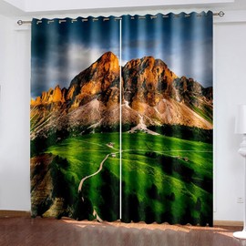 ANAZOZ Window Curtain Grommet,2 x 34W x 63H IN,2 Panels Set Blackout Curtains Bedroom Lawns and Mountains Landscape Living Room Curtains Gray Brown Green