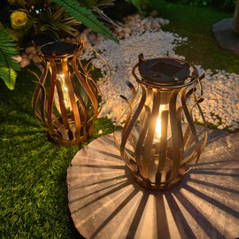 HONGLAND 2 Pack Metal Solar Lantern with Light Bulb for Garden Decor, Solar Lights Outdoor Waterproof Lantern for Patio, Table, Balcony, Front Porch, or Yard Decor, Home Decoration, Gardening Gifts