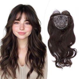 QUEENTAS 22" Curly Hair Topper for Women with Thinning Hair Daily Wear 360°3D Cover Up 6.5"*6" Fluffy Brown Wavy Hair Pieces with Bangs(Dark Brown)