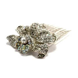 Medium Decorative Hair Comb Rhinestone Crystal Rose Simulated Pearl Bridal Hair Comb, White