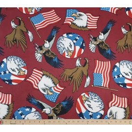 Fleece Patriot Dark Red Bald Eagles American Flags Patriotic USA United States of America Independence Day Fourth of July Fleece Fabric Print by The Yard (6121M-10H)