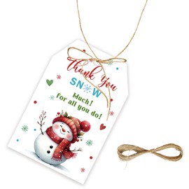 50pcs Snow Much Thank You Tags, Christmas Gift Tag with String for Holiday Party, Snowman Thank You Paper Tags for Christmas Holiday/Winter Wonderland Party Favors