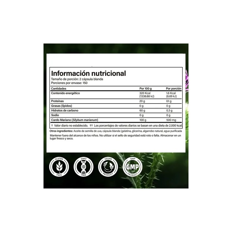 Cardo Mariano Y Diente De Leon 600mg 300 Cápsulas Blandas