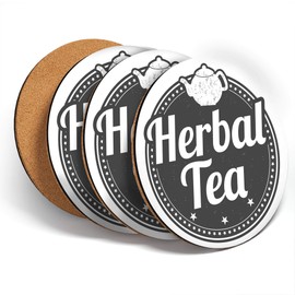 Destination Vinyl ltd Great Coasters (Set of 4) Round - BW - Herbal Tea Teapot Label Drink Glossy Coasters/Tabletop Protection for Any Table Type #39833