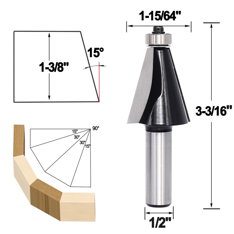 SICWOOD 6PCS Chamfer Router Bit Set 1/2 Shank, Carbide 2-Flute