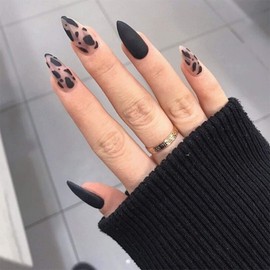 YienDoo Stiletto Leopard Matte Fake Nails Medium Pointed Full Cover Acrylic Nails Press on Nails Frosted False Nails for Women and Girls （24Pcs）