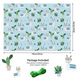 Cactus and Alpaca Wrapping Paper, Cute Llama in Glasses Green Cactus Pattern Gift Wrap Paper with Ribbon Set for Kids Women Men, Birthday Baby Shower Christmas and Holiday Party Folded Flat Gift Paper